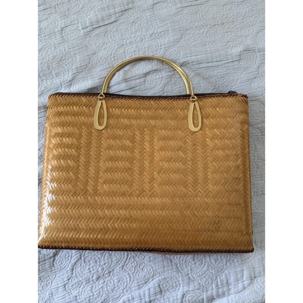 Rattan Woven Bag Carry‎ Case Small Vintage Tote Purse Gold Handle 70s Beach
